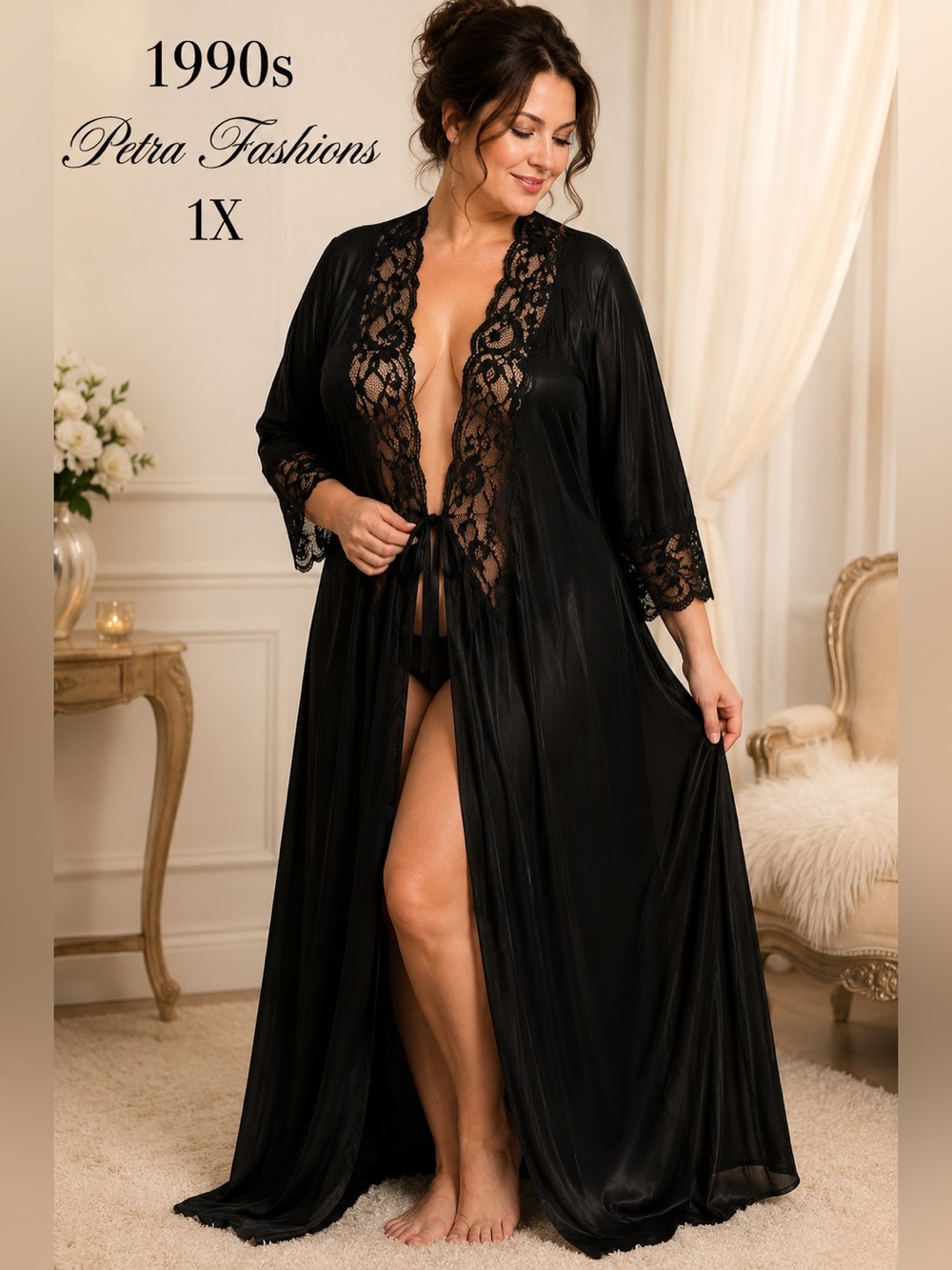 Vintage 90s Petra Fashions Black Lace Peignoir Robe 1X Made USA
